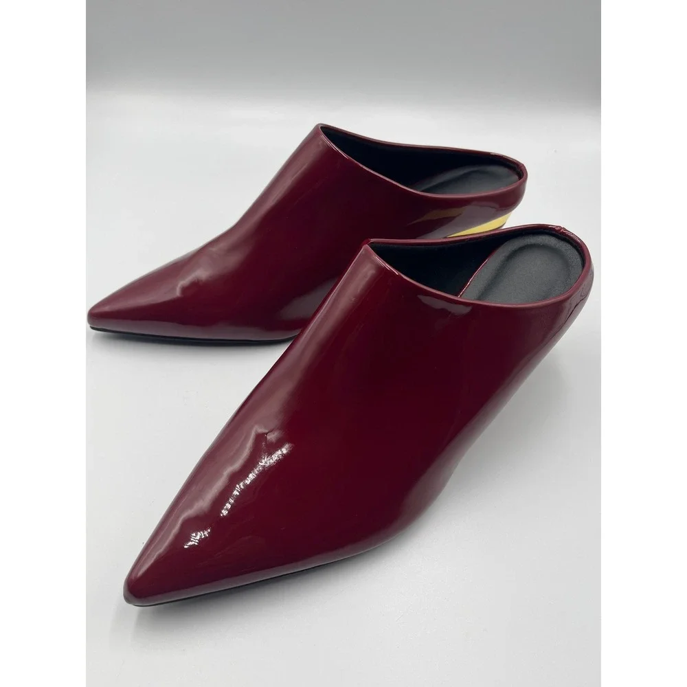 Burgundy Patent Pointed Toe Mule Wedge Heels Gold Accent Womens Size 11 EU42